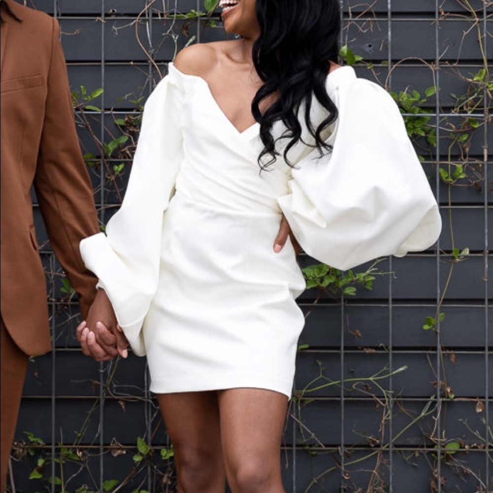 Balloon Sleeve Ivory Satin Dress